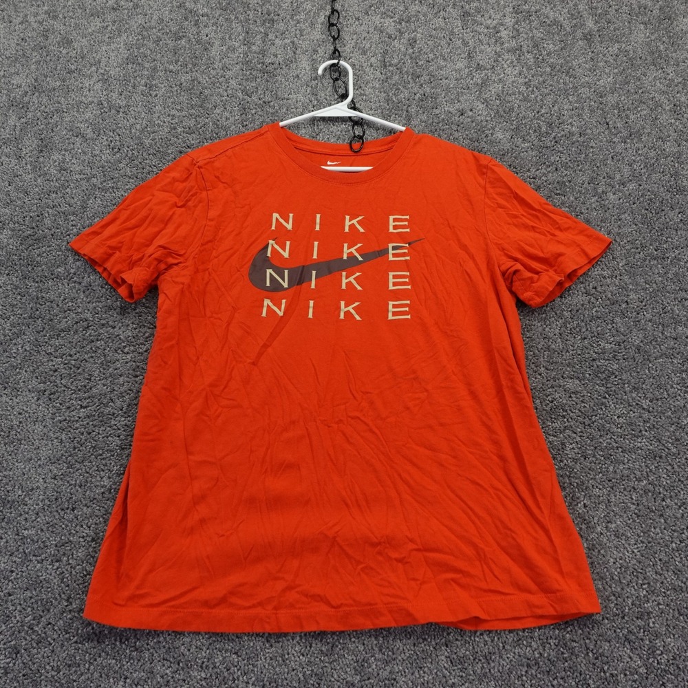Nike T Shirt Mens Large Orange Graphic Swoosh Logo Short Sleeve Activewear Tee